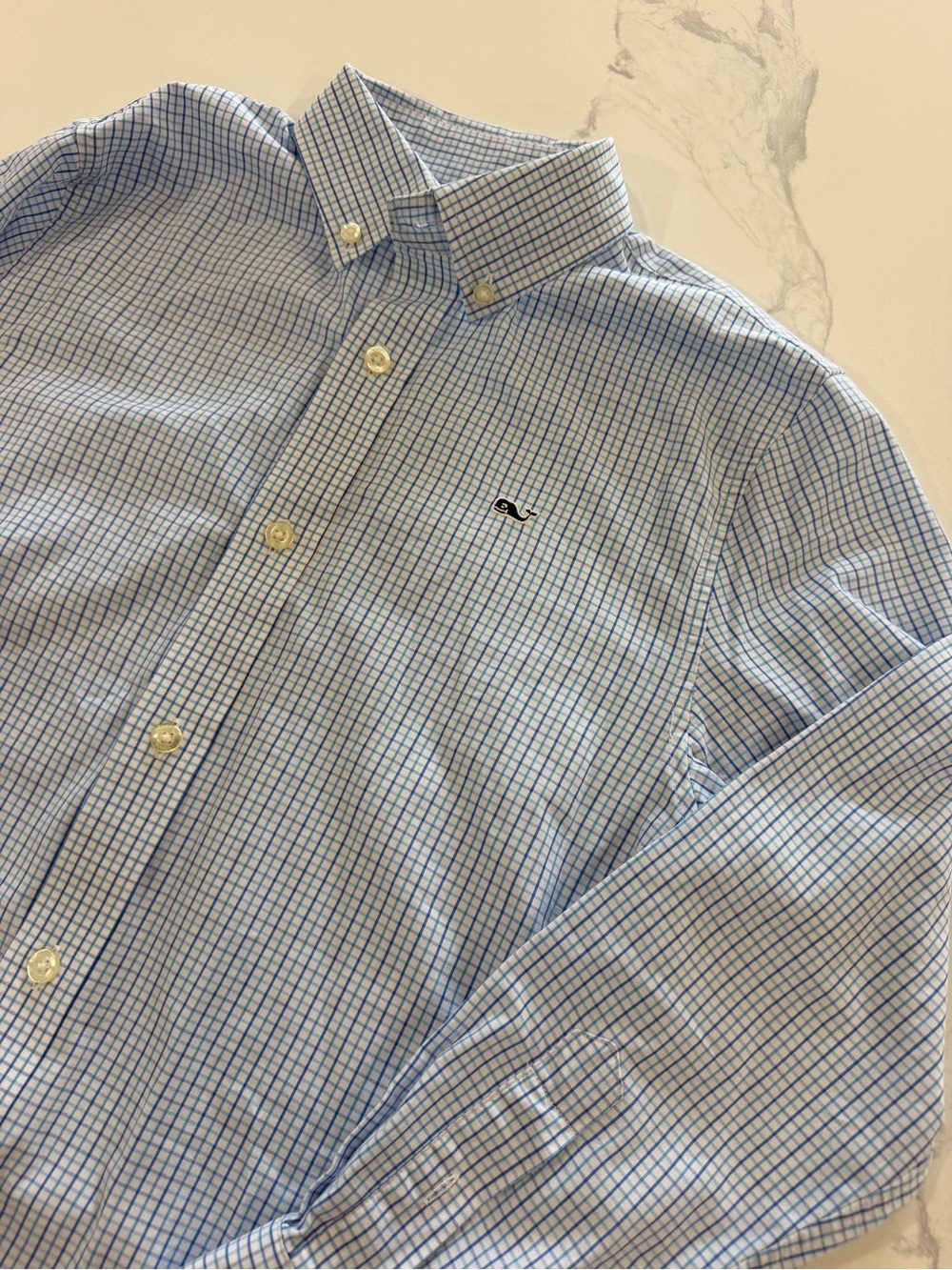 Boys Vineyard Vines Blue White Plaid Long Sleeve Dress Shirt Size Small (8-10)